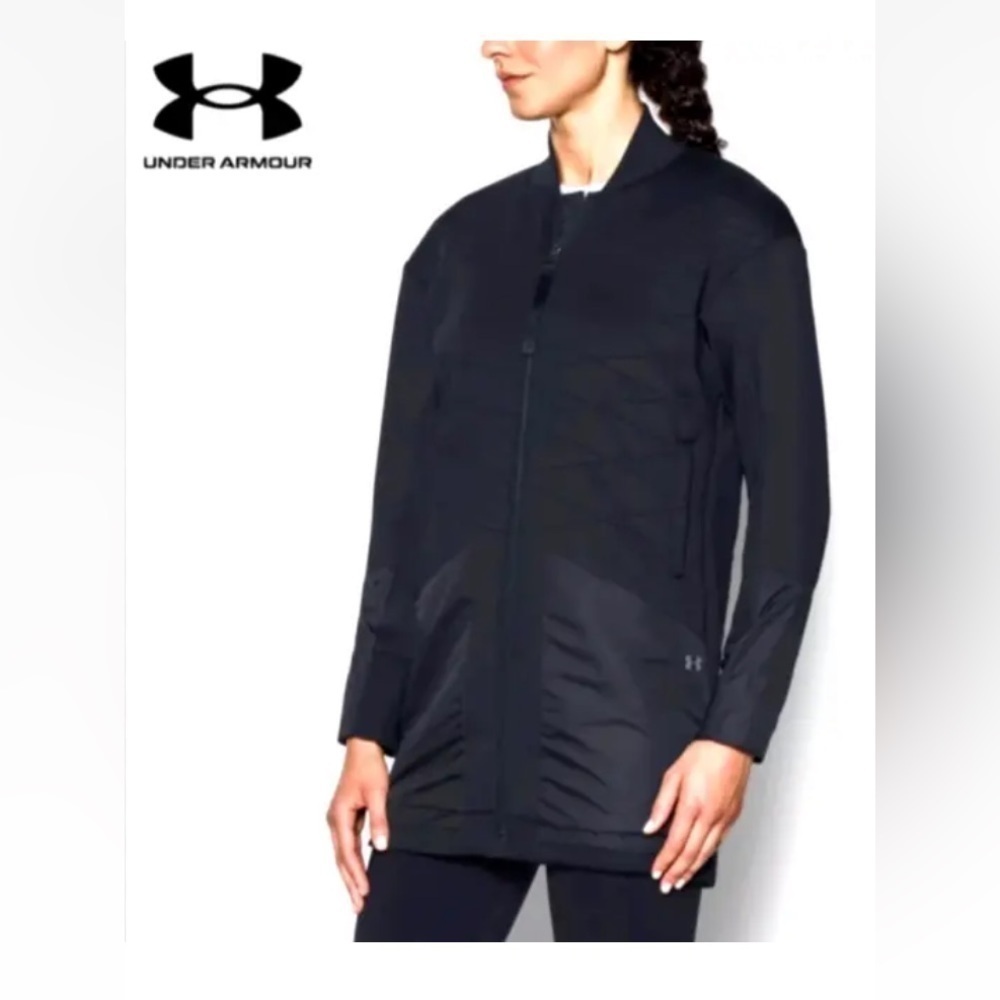 Womens Under Armour Sz Large Luster Jacket Long Full Zip Black Quilted Pockets